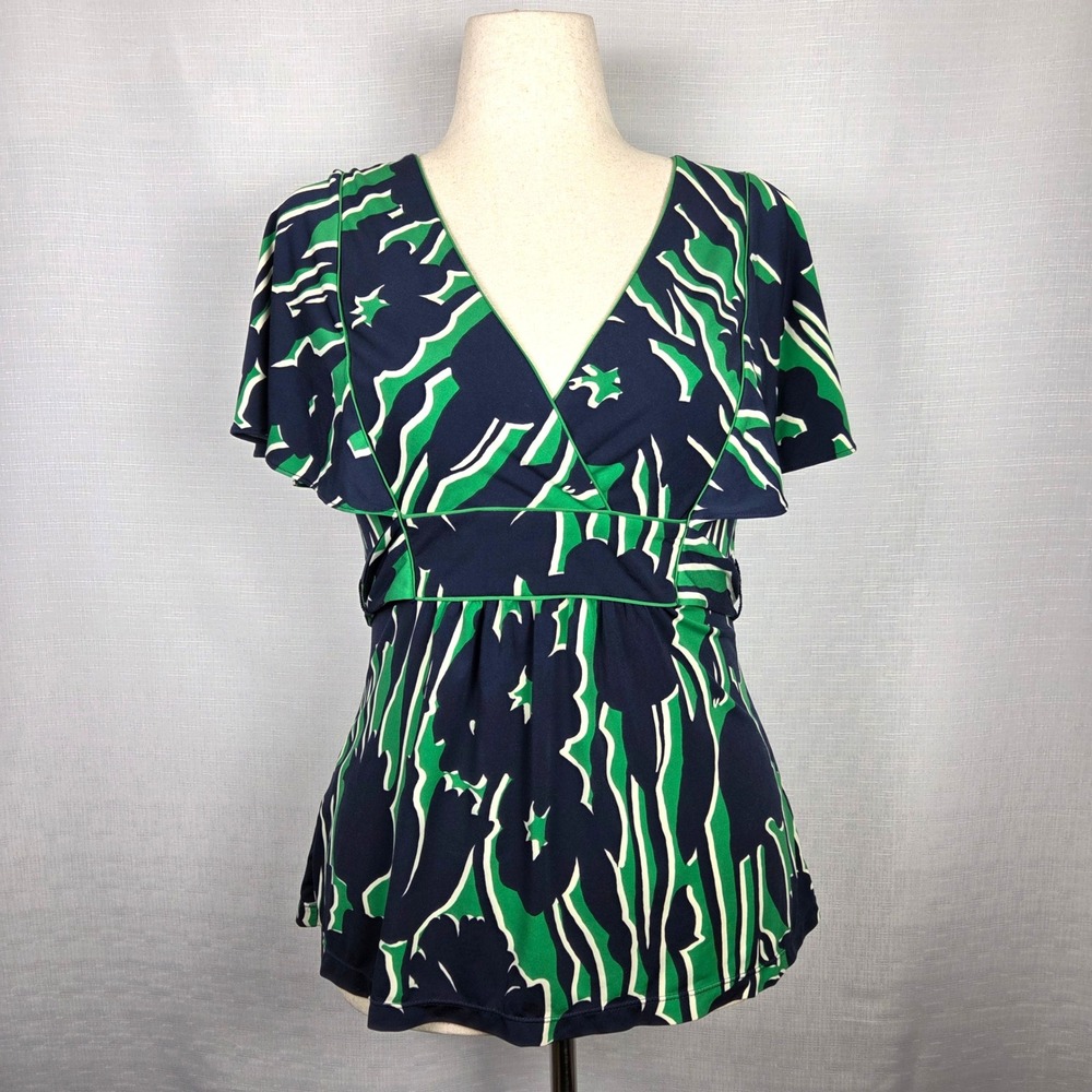 BCBG MAXAZRIA Top Abstract‎ V-Neck Flutter Sleeve Tie Back Waist Navy/Green M